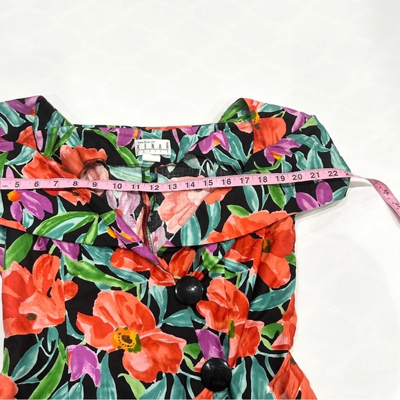 Vintage Ann Tjian For Kenar Petites Cotton Graphic Floral Off Shoulder Dress - Picture 5 of 10